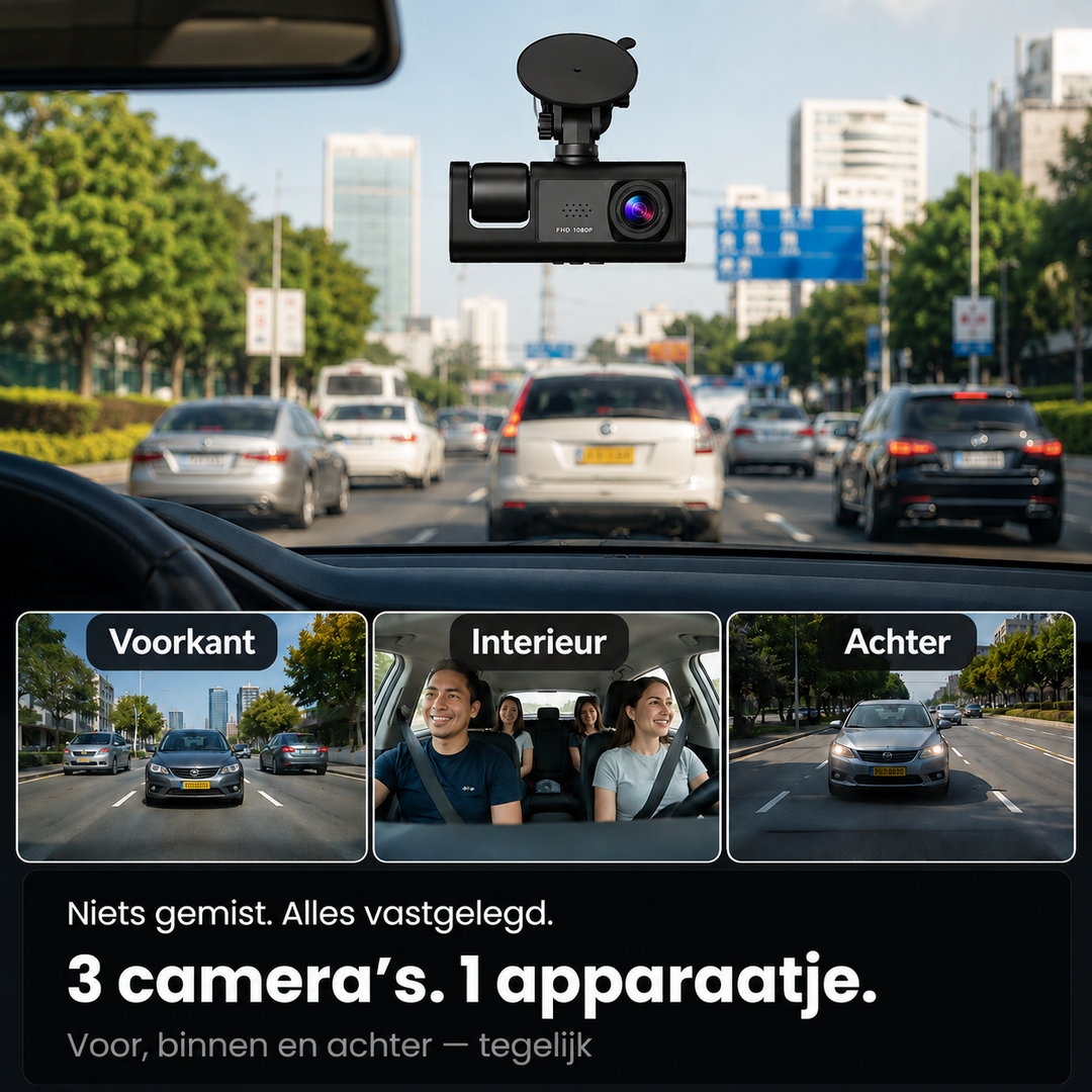 Dashcam 3-in-1 WiFi – Alles vastgelegd, voor, binnen en achter