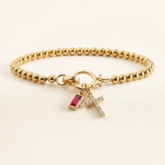 Gouden Kralen Armband met Kruis en Geboortesteen - Draag jouw verhaal elke dag