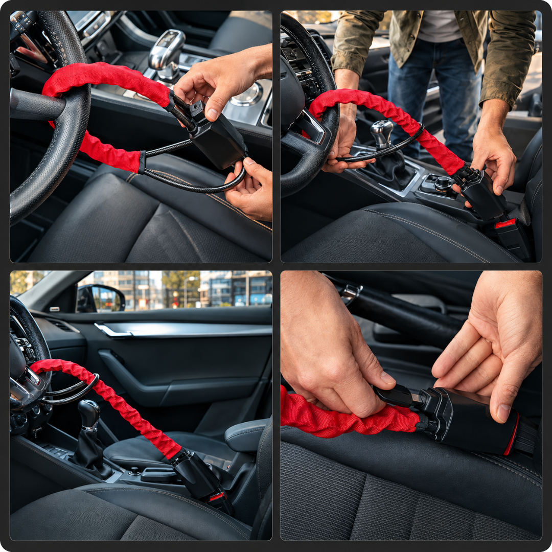 Steering Wheel Lock with Seatbelt Security – Lock your car in 10 seconds